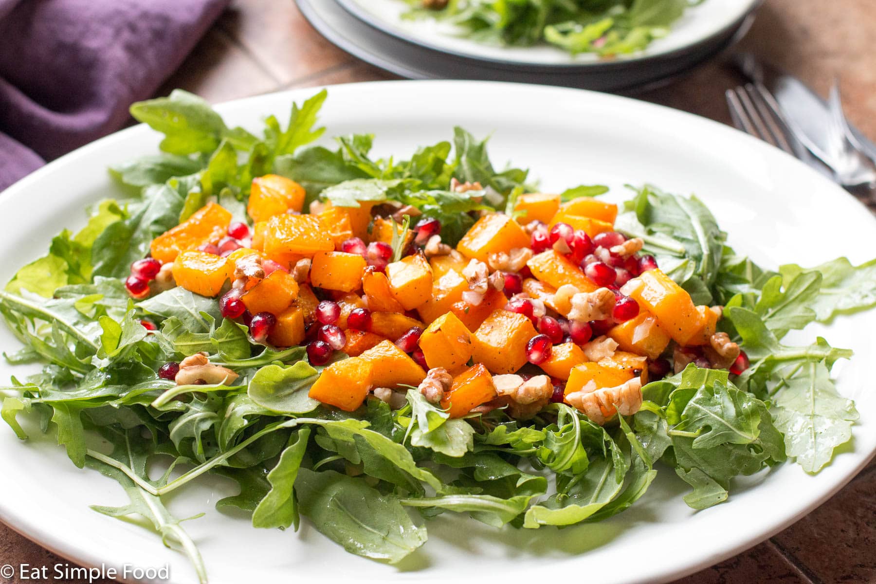 Roasted butternut squash on top of arugula on a white plate. Garnished with chopped walnuts and red pomegranate kernels. side view.