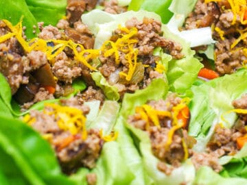Close Up of Sauteed ground pork and veggies stuffed in a lettuce wrap and topped with orange zest.