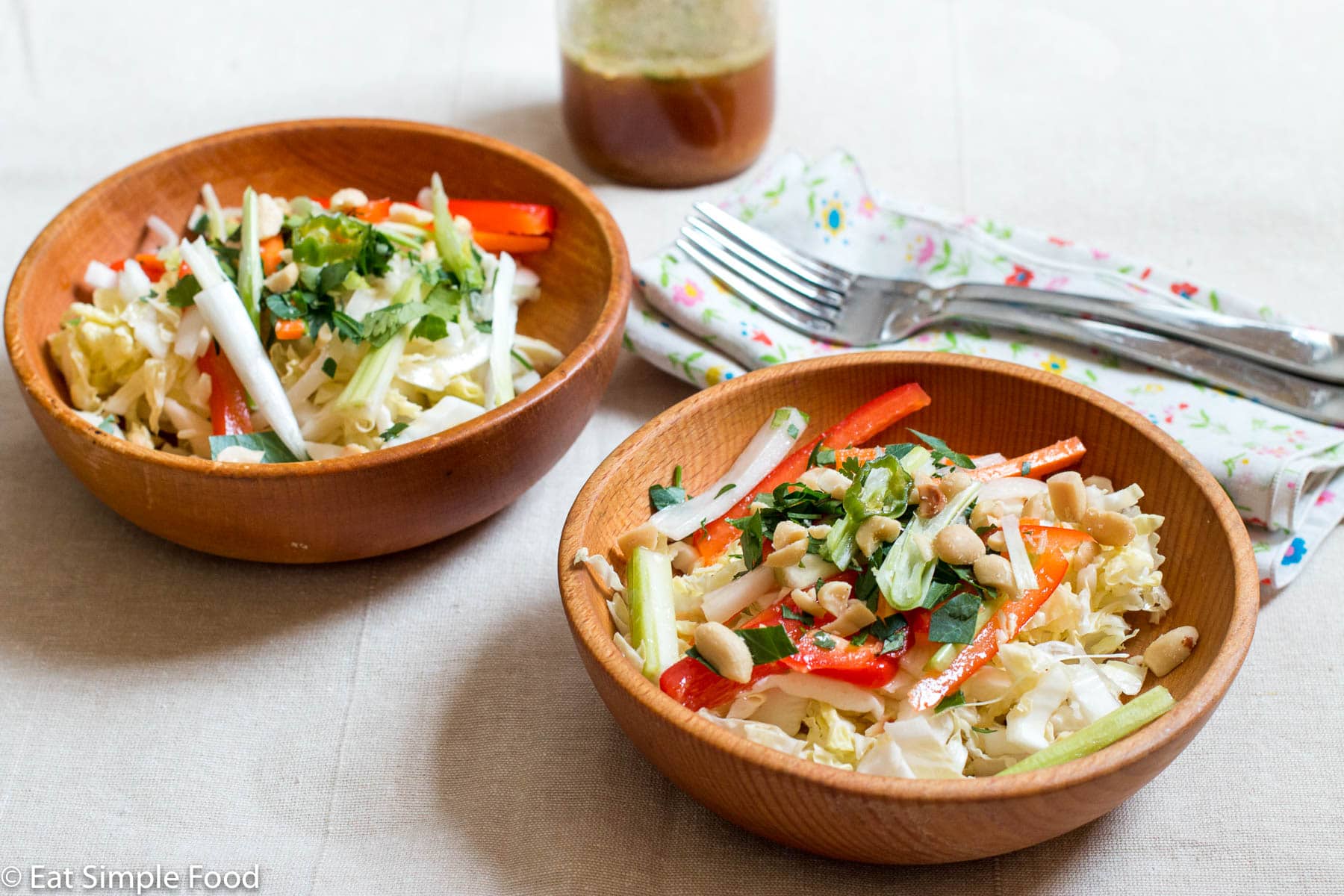 2 wood bowls of cole slaw with sliced red peppers, green onions and celery with cilantro and peanut garnish. Dressing, two forks and napkins in background.