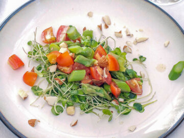 Side View Chopped Asparagus w/ Microgreens, chopped almonds, and chopped tomatoes on a white plate with a black rim.