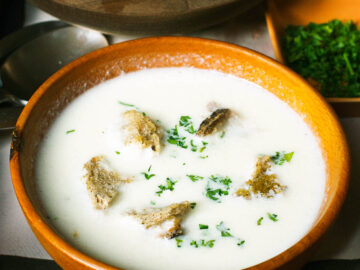 Side View wood bowl of white cauliflower soup with 5 croutons and a chopped parsley garnish