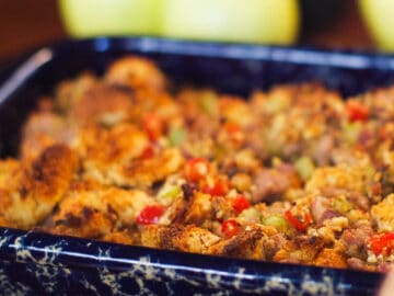 Sausage & Cornbread Stuffing Recipe in Blue baking dish