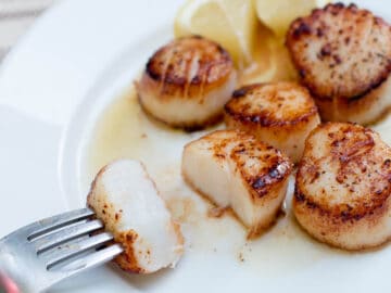 5 scallops on a white plate with 2 lemon wedges. One scallop is cut in half and has a fork sticking in it.
