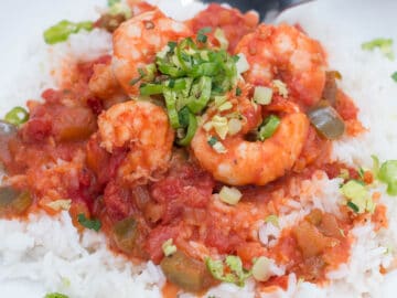 White bowl of shrimp in red tomato sauce over white rice and garnished with peppers and chopped celery leaves.