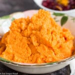 Mashed Cooked Sweet Potatoes in A white Bowl