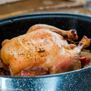 Roasted Whole Chicken Recipe in dark deep Roasting Pan
