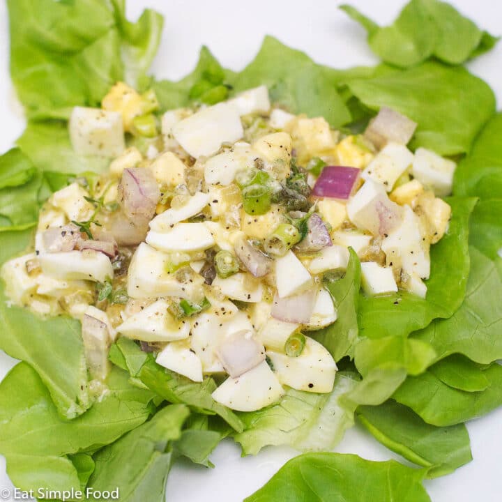 Diced egg mixed with thyme, diced red onions, capers, and sliced chives on a bed of butter lettuce.
