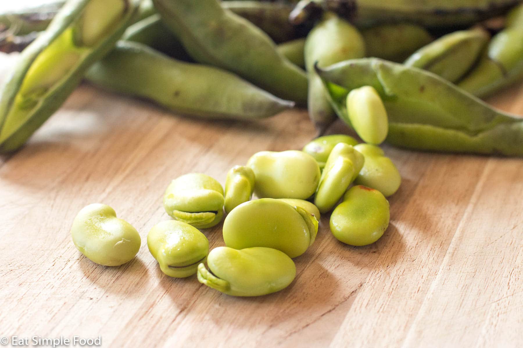 Lime Green Fava (AKA Broad) Beans Out of The pod laying on a wood cutting board