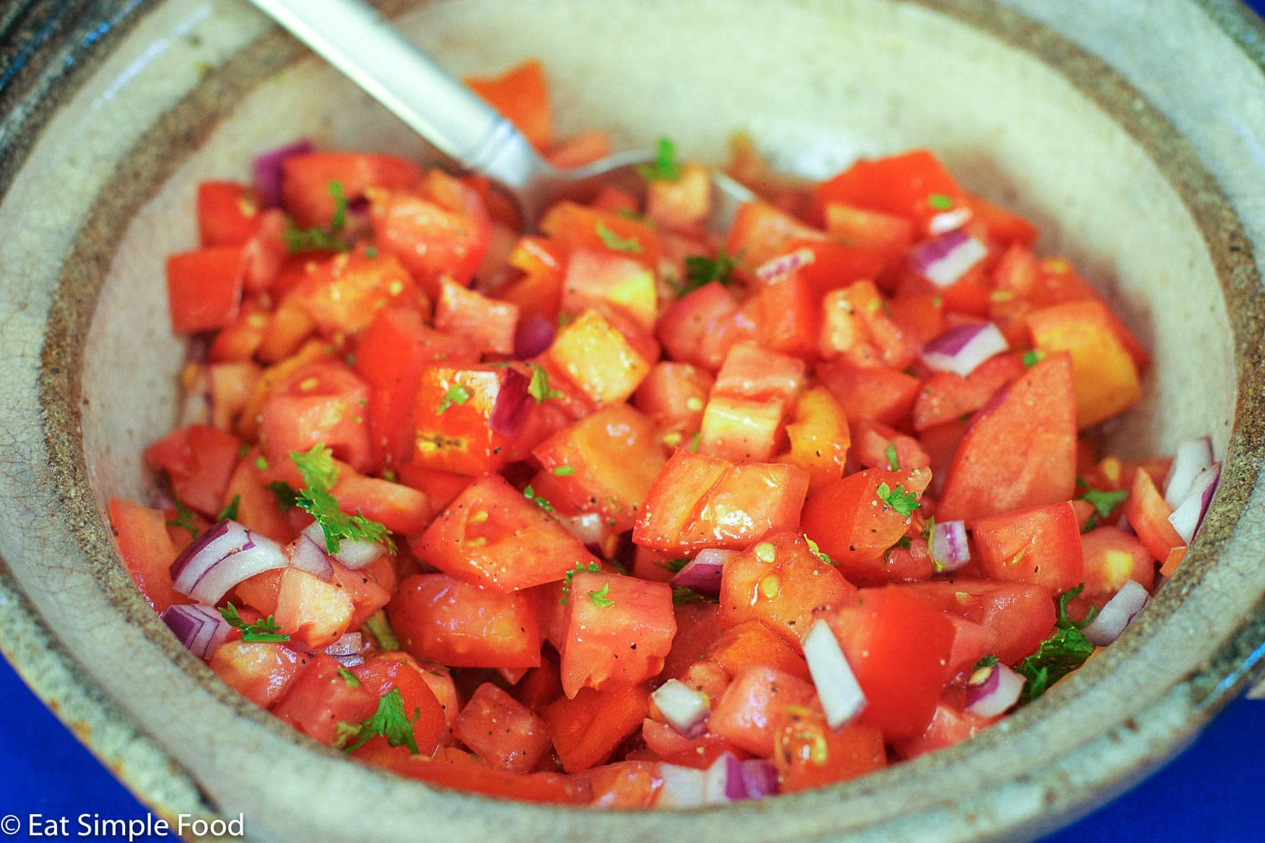 Close up of fresh diced tomatoes, jalapenos, red onions, cilantro in a bowl.
