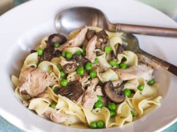 White Shallow bowl of cooked shredded chicken, green sweet peas, curly egg noodles and sliced mushrooms.