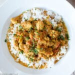 Diced Chicken In A Medium Brown Curry spiced Gravy over White Rice in A large shallow plate.