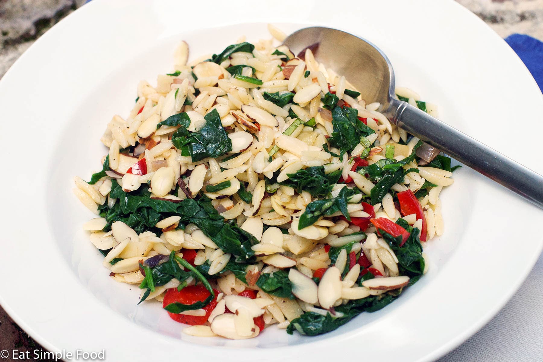 White bowl of orzo salad with diced artichoke hearts, red onions, red bell peppers with willted spinach. Silver spoon in the bowl.