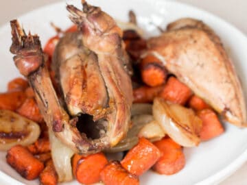 Small Whole Roasted Pheasant and pheasant breast on white plate to top of roasted onions and carrots.