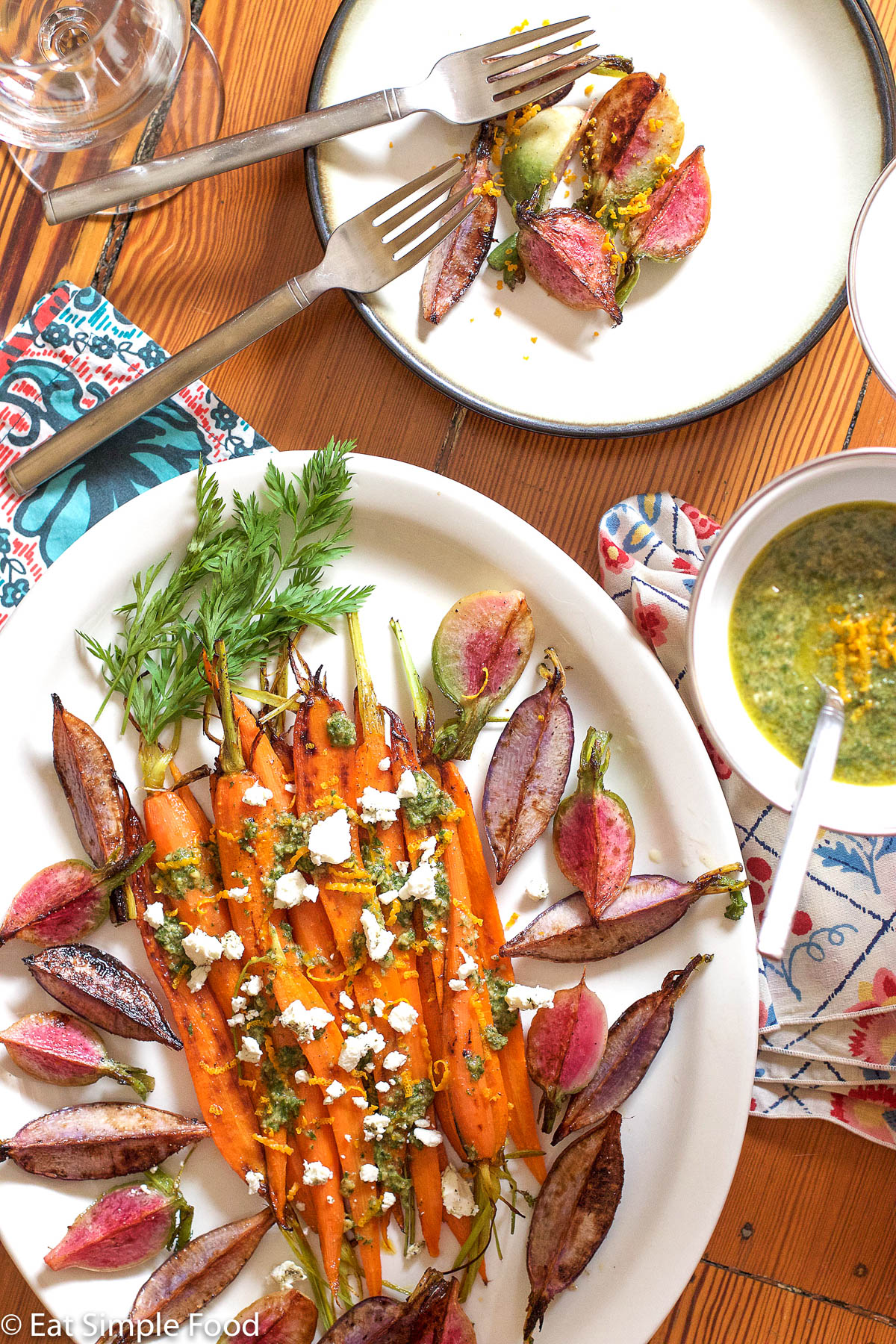 Roasted Carrots & Radishes with Chevre On White Platter