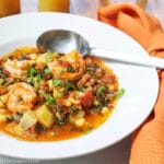 Shrimp and Chorizo Stew w Potatoes and Corn Recipe in A White Bowl - Eat Simple Food