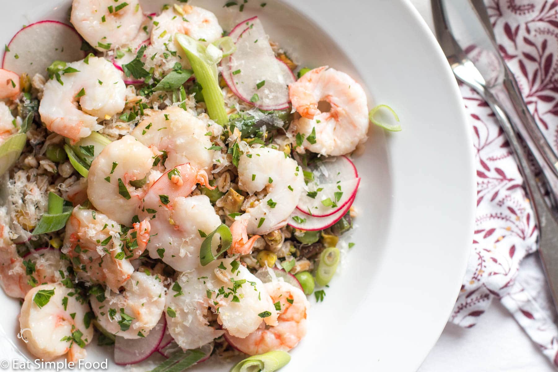 Shrimp laying on top of farro, pistachios, and sliced radishes. Garnished with fresh green herbs, sliced green onions, and grated parmesan cheese.