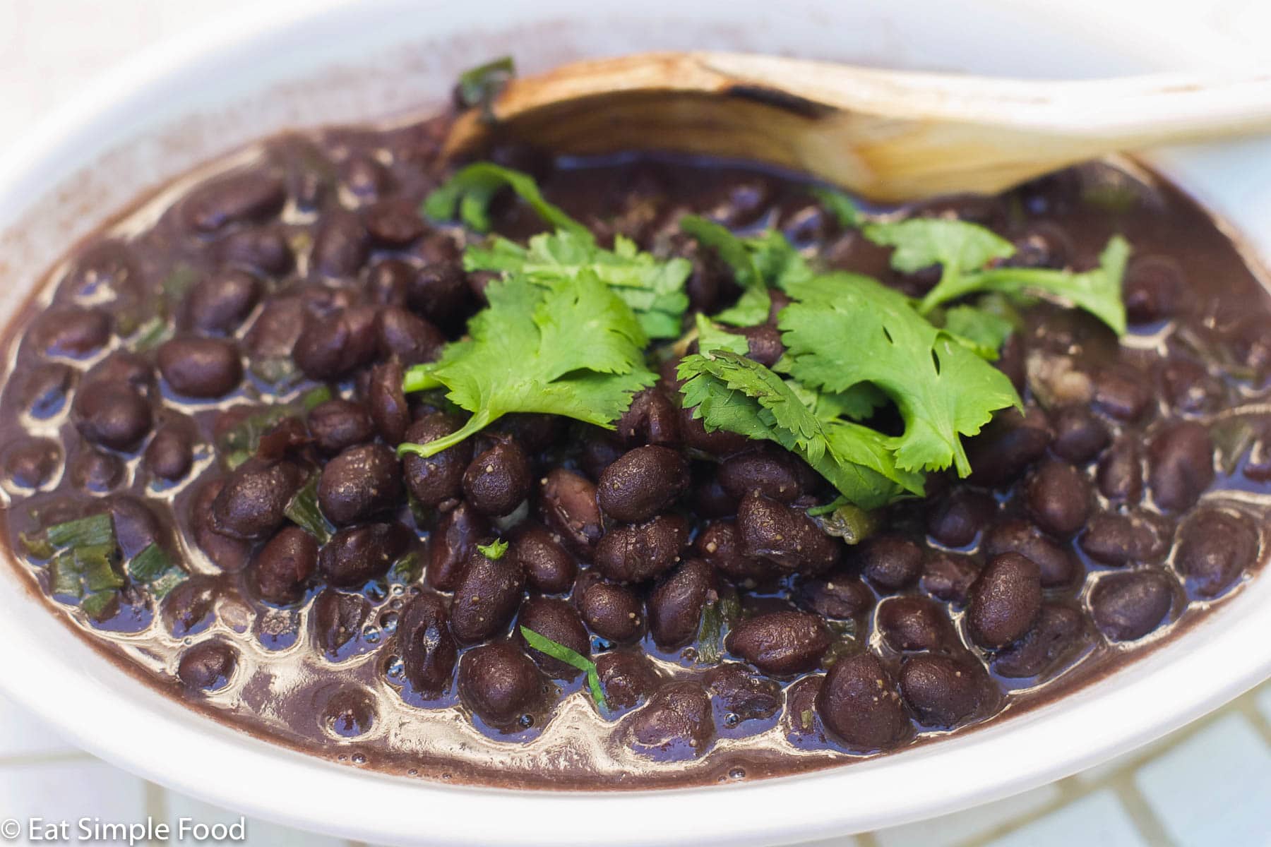 Side view of white oval bowl of black beans with a cilantro leaf garnish.