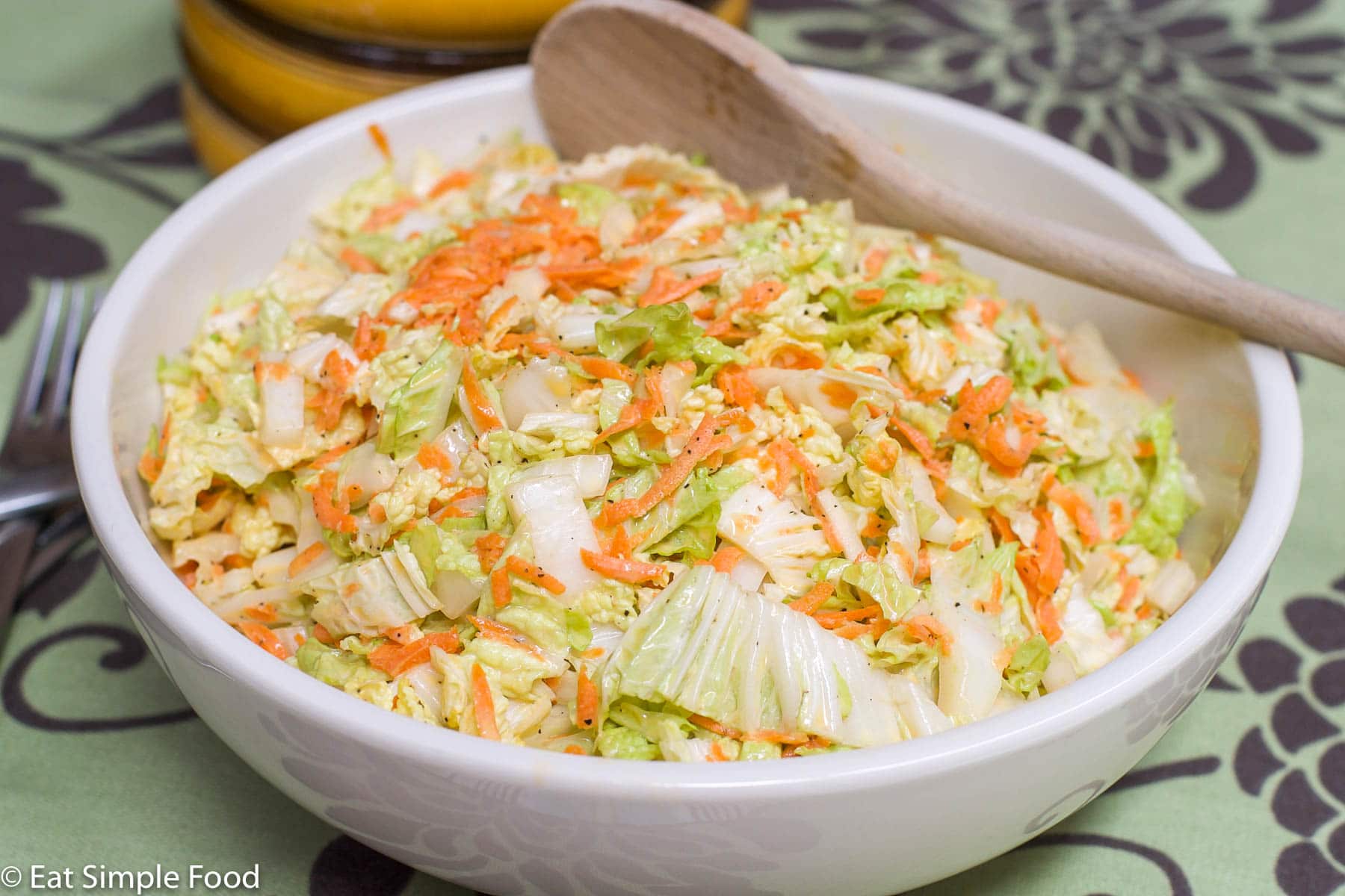Side view of a bowl of cole slaw: cabbage and grated carrots in a white bowl with a large wood spoon.