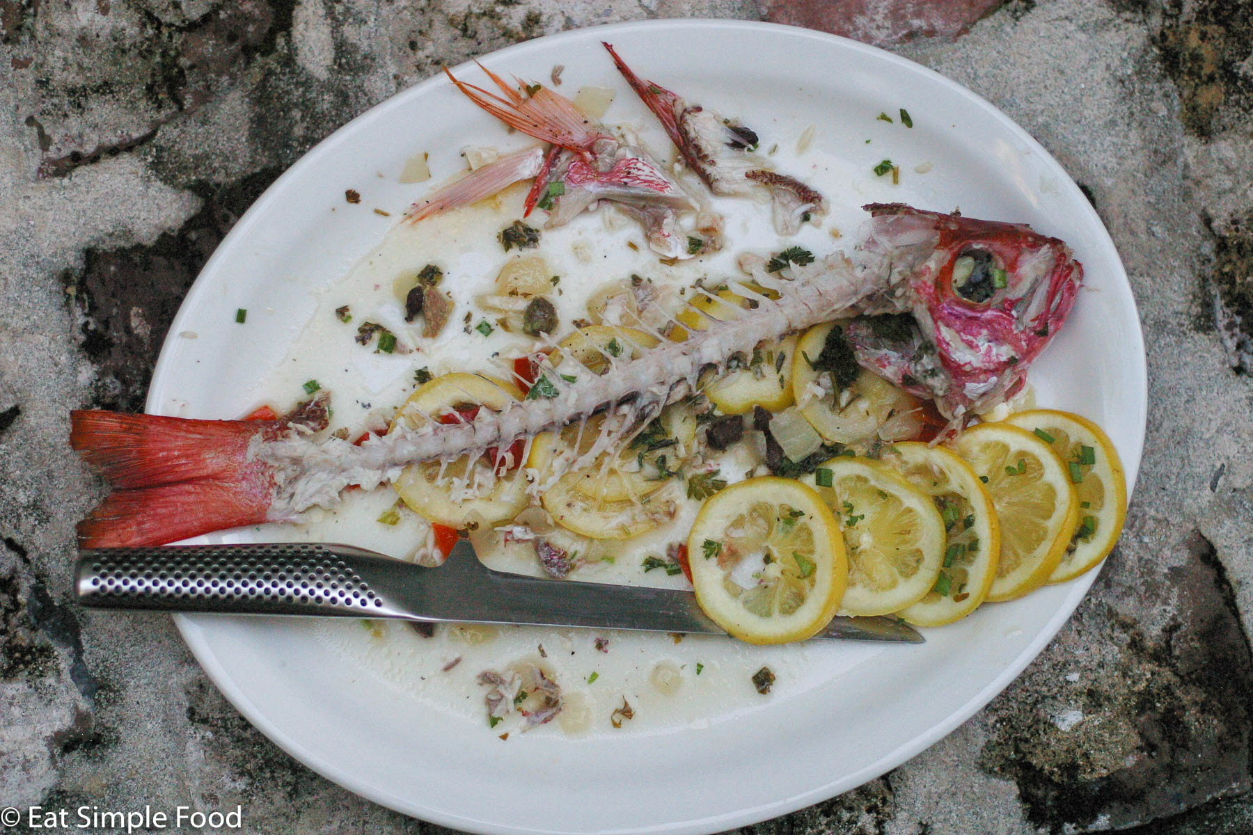 Red snapper on a plate with all the flesh eaten, exposing the bones / skeleton, head, and tail.