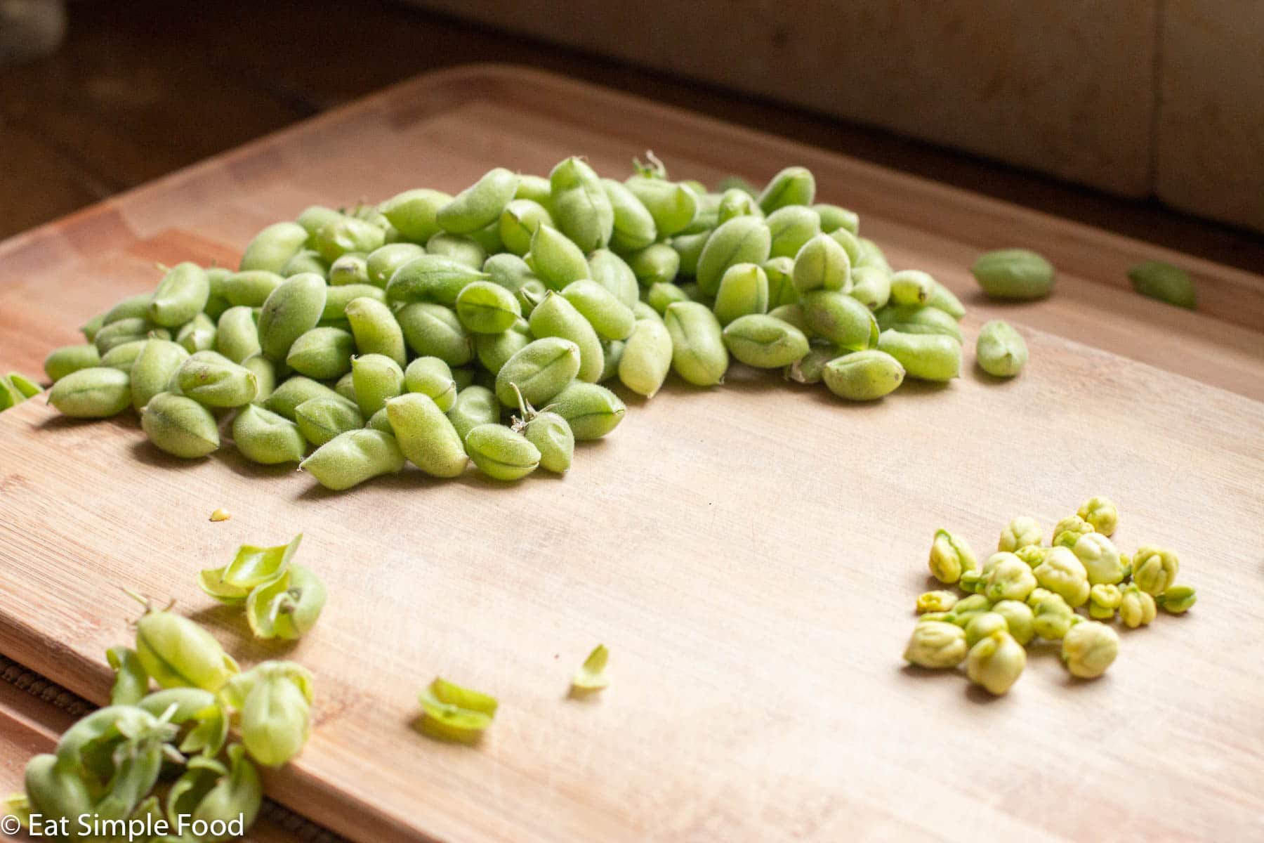 Fresh green garbanzo beans (chickpeas) in pod with a couple shelled with beans on side and shells on side. On a wood cutting board.