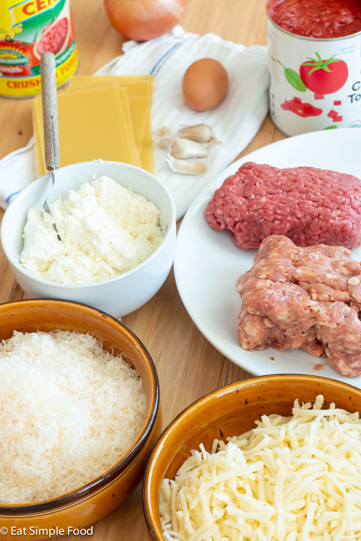 Ingredients on a wood table: bowl of grated Parmesan, bowl of grated mozzarella, plate of both ground sausage and ground beef, bowl of ricotta cheese, raw garlic, 2 cans crushed tomatoes, raw garlic, one egg, and one onion.