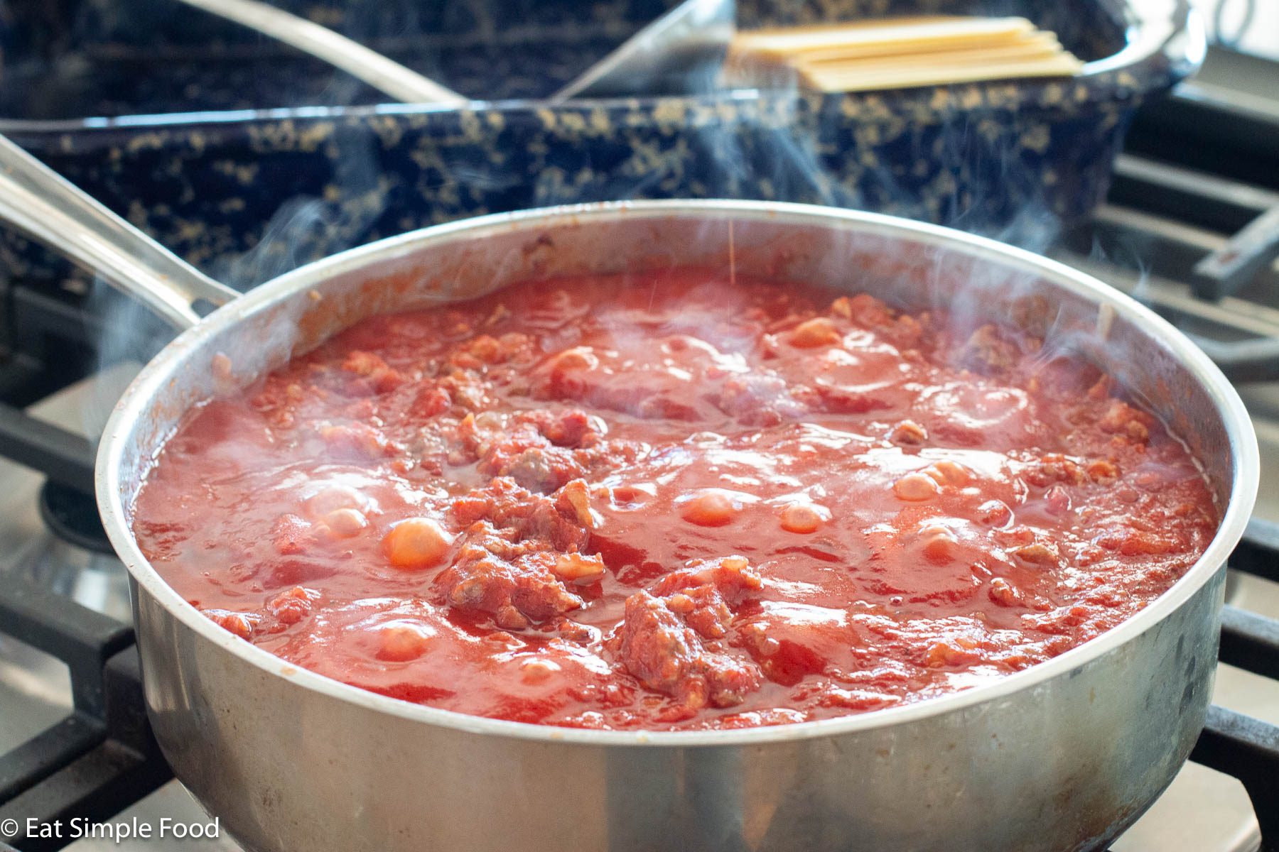 Large stainless steel pot of bubbling red marinara sauce on a stovetop with lasagna noodles in the background.
