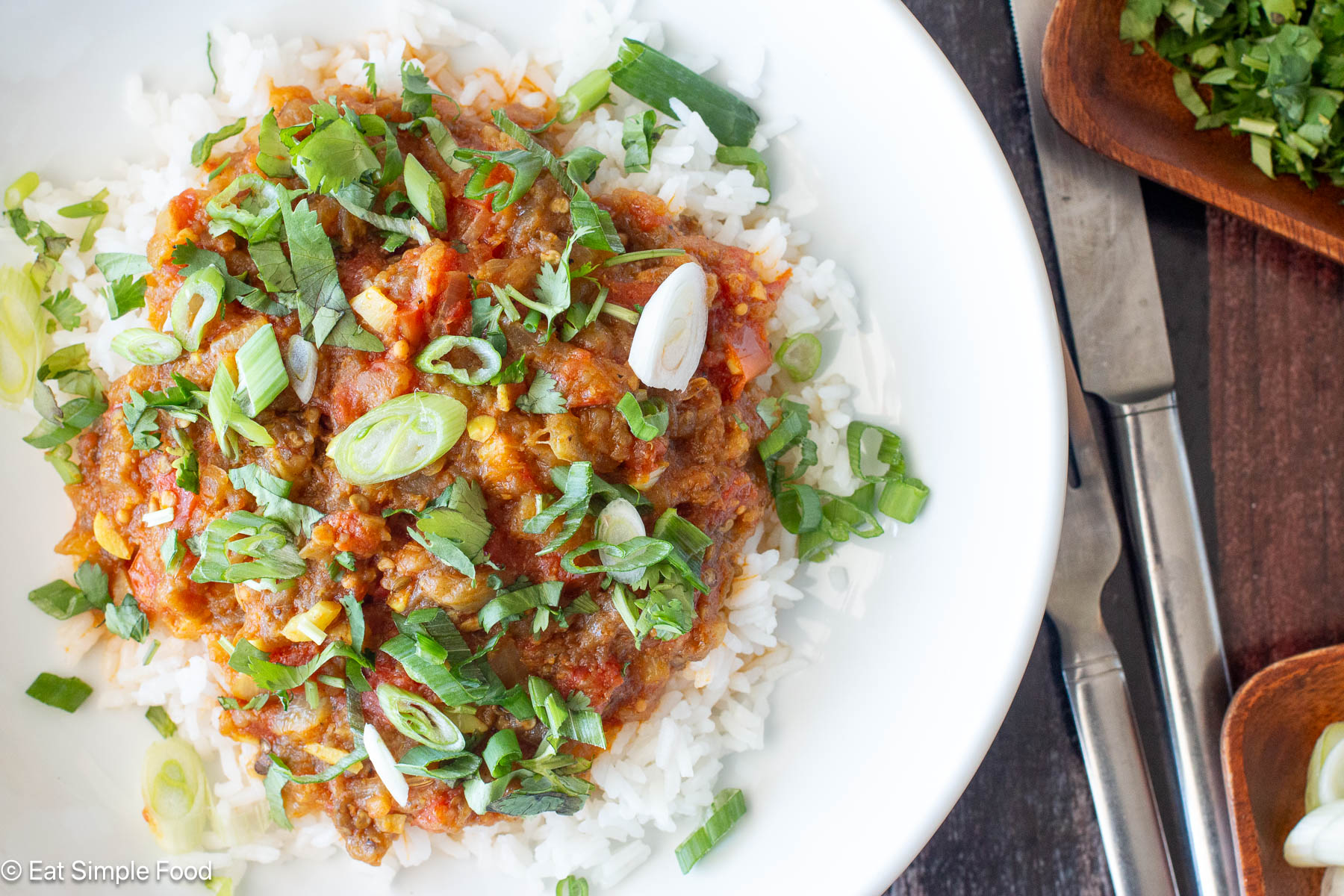 Top down view of white plate with rice and red curry garnished with sliced green onions and green herbs. Silverware on the side. Close up.